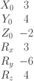 \begin{matrix}X_0 &3\\Y_0 &4\\Z_0 &-2\\R_x &3\\R_y &-6\\R_z &4\end{matrix}