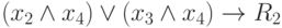 (x_2 \land x_4) \lor (x_3 \land x_4) \to R_2