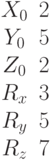\begin{matrix}X_0 &2\\Y_0&5\\Z_0 &2\\R_x &3\\R_y &5\\R_z &7\end{matrix}