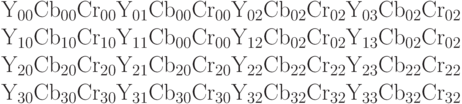 \begin{array}{l} {\rm Y}_{{\rm 00}} {\rm Cb}_{{\rm 00}} {\rm Cr}_{{\rm 00}} {\rm Y}_{{\rm 01}} {\rm Cb}_{{\rm 00}} {\rm Cr}_{{\rm 00}} {\rm Y}_{{\rm 02}} {\rm Cb}_{{\rm 02}} {\rm Cr}_{{\rm 02}} {\rm Y}_{{\rm 03}} {\rm Cb}_{{\rm 02}} {\rm Cr}_{{\rm 02}} \\ {\rm Y}_{{\rm 10}} {\rm Cb}_{{\rm 10}} {\rm Cr}_{{\rm 10}} {\rm Y}_{{\rm 11}} {\rm Cb}_{{\rm 00}} {\rm Cr}_{{\rm 00}} {\rm Y}_{{\rm 12}} {\rm Cb}_{{\rm 02}} {\rm Cr}_{{\rm 02}} {\rm Y}_{{\rm 13}} {\rm Cb}_{{\rm 02}} {\rm Cr}_{{\rm 02}} \\ {\rm Y}_{{\rm 20}} {\rm Cb}_{{\rm 20}} {\rm Cr}_{{\rm 20}} {\rm Y}_{{\rm 21}} {\rm Cb}_{{\rm 20}} {\rm Cr}_{{\rm 20}} {\rm Y}_{{\rm 22}} {\rm Cb}_{{\rm 22}} {\rm Cr}_{{\rm 22}} {\rm Y}_{{\rm 23}} {\rm Cb}_{{\rm 22}} {\rm Cr}_{{\rm 22}} \\ {\rm Y}_{{\rm 30}} {\rm Cb}_{{\rm 30}} {\rm Cr}_{{\rm 30}} {\rm Y}_{{\rm 31}} {\rm Cb}_{{\rm 30}} {\rm Cr}_{{\rm 30}} {\rm Y}_{{\rm 32}} {\rm Cb}_{{\rm 32}} {\rm Cr}_{{\rm 32}} {\rm Y}_{{\rm 33}} {\rm Cb}_{{\rm 32}} {\rm Cr}_{{\rm 32}} \\ \end{array}