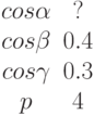 \begin {matrix}cos \alpha &?\\cos \beta &0.4\\cos \gamma &0.3\\p &4\end{matrix}