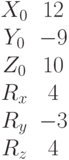 \begin{matrix}X_0 &12\\Y_0 &-9\\Z_0 &10\\R_x &4\\R_y &-3\\R_z &4\end{matrix}