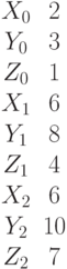 \begin {matrix}X_0&2\\Y_0&3\\Z_0&1\\X_1&6\\Y_1&8\\Z_1&4\\X_2&6\\Y_2&10\\Z_2&7\end{matrix}