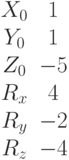 \begin{matrix}X_0 &1\\Y_0 &1\\Z_0 &-5\\R_x &4\\R_y &-2\\R_z &-4\end{matrix}