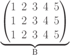 \underbrace{\begin{pmatrix} 1 & 2 & 3 & 4 & 5 \\ 1 & 2 & 3 & 4 & 5 \\ 1 & 2 & 3 & 4 & 5 \\ \end{pmatrix}}_\text{B}