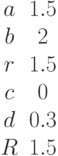 \begin {matrix}a&1.5\\b&2\\r&1.5\\c&0\\d&0.3\\R&1.5\end{matrix}