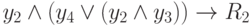 y_2 \land (y_4 \lor (y_2 \land y_3)) \to R_2