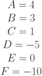 \begin{matrix}A= 4\\B= 3\\C=1 \\D=-5 \\E= 0\\F=-10\end{matrix}