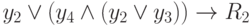 y_2 \lor (y_4 \land (y_2 \lor y_3)) \to R_2