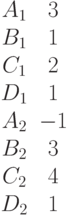 \begin{matrix}A_1 &3\\B_1 &1\\C_1 &2\\D_1 &1\\A_2 &-1\\B_2 &3\\C_2 &4\\D_2 &1\end{matrix}