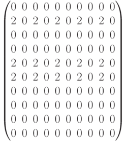 \begin{pmatrix}0 & 0 & 0 & 0 & 0 & 0 & 0 & 0 & 0 & 0 \\2 & 0 & 2 & 0 & 2 & 0 & 2 & 0 & 2 & 0 \\0 & 0 & 0 & 0 & 0 & 0 & 0 & 0 & 0 & 0 \\0 & 0 & 0 & 0 & 0 & 0 & 0 & 0 & 0 & 0 \\2 & 0 & 2 & 0 & 2 & 0 & 2 & 0 & 2 & 0 \\2 & 0 & 2 & 0 & 2 & 0 & 2 & 0 & 2 & 0 \\0 & 0 & 0 & 0 & 0 & 0 & 0 & 0 & 0 & 0 \\0 & 0 & 0 & 0 & 0 & 0 & 0 & 0 & 0 & 0 \\0 & 0 & 0 & 0 & 0 & 0 & 0 & 0 & 0 & 0 \\0 & 0 & 0 & 0 & 0 & 0 & 0 & 0 & 0 & 0 \\ \end{pmatrix}