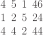 \begin{matrix}4 &5 &1 &46\\1 &2 &5 &24\\4 &4 &2 &44\end{matrix}