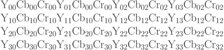 \begin{array}{l} {\rm Y}_{{\rm 00}} {\rm Cb}_{{\rm 00}} {\rm Cr}_{{\rm 00}} {\rm Y}_{{\rm 01}} {\rm Cb}_{{\rm 00}} {\rm Cr}_{{\rm 00}} {\rm Y}_{{\rm 02}} {\rm Cb}_{{\rm 02}} {\rm Cr}_{{\rm 02}} {\rm Y}_{{\rm 03}} {\rm Cb}_{{\rm 02}} {\rm Cr}_{{\rm 02}} \\ {\rm Y}_{{\rm 10}} {\rm Cb}_{{\rm 10}} {\rm Cr}_{{\rm 10}} {\rm Y}_{{\rm 11}} {\rm Cb}_{{\rm 10}} {\rm Cr}_{{\rm 10}} {\rm Y}_{{\rm 12}} {\rm Cb}_{{\rm 12}} {\rm Cr}_{{\rm 12}} {\rm Y}_{{\rm 13}} {\rm Cb}_{{\rm 12}} {\rm Cr}_{{\rm 12}} \\ {\rm Y}_{{\rm 20}} {\rm Cb}_{{\rm 20}} {\rm Cr}_{{\rm 20}} {\rm Y}_{{\rm 21}} {\rm Cb}_{{\rm 20}} {\rm Cr}_{{\rm 20}} {\rm Y}_{{\rm 22}} {\rm Cb}_{{\rm 22}} {\rm Cr}_{{\rm 22}} {\rm Y}_{{\rm 23}} {\rm Cb}_{{\rm 22}} {\rm Cr}_{{\rm 22}} \\ {\rm Y}_{{\rm 30}} {\rm Cb}_{{\rm 30}} {\rm Cr}_{{\rm 30}} {\rm Y}_{{\rm 31}} {\rm Cb}_{{\rm 30}} {\rm Cr}_{{\rm 30}} {\rm Y}_{{\rm 32}} {\rm Cb}_{{\rm 32}} {\rm Cr}_{{\rm 32}} {\rm Y}_{{\rm 33}} {\rm Cb}_{{\rm 32}} {\rm Cr}_{{\rm 32}} \\ \end{array}