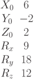 \begin{matrix}X_0 &6\\Y_0 &-2\\Z_0 &2\\R_x &9\\R_y &18\\R_z &12\end{matrix}