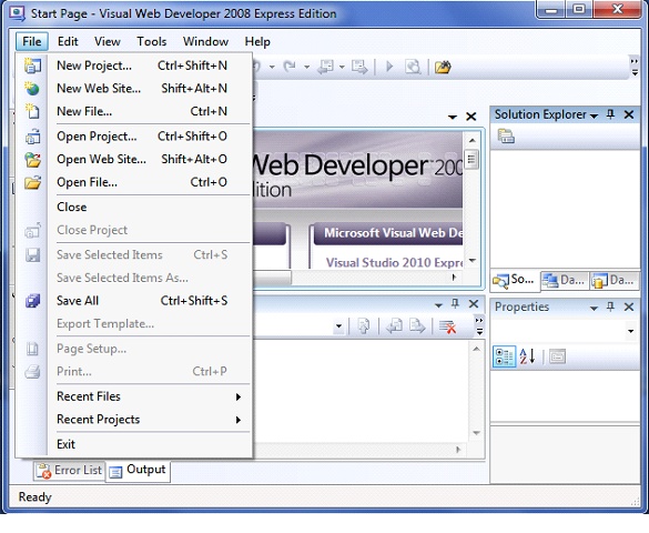 Раздел меню "File" в  Visual Web Developer 2008 Express 