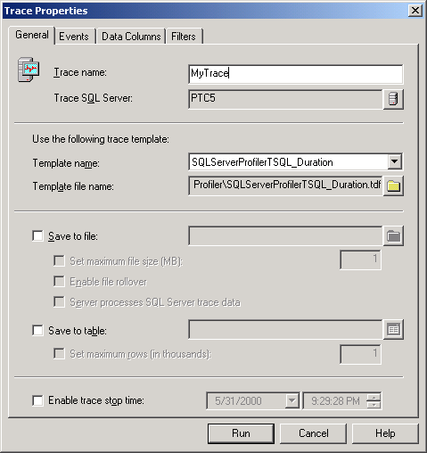 Вкладка General окна Trace Properties (Свойства трассировки)