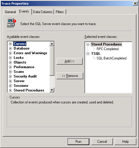Вкладка Events (События) окна Trace Properties