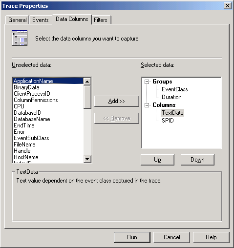 Вкладка Data Columns (Колонки данных) окна Trace Properties