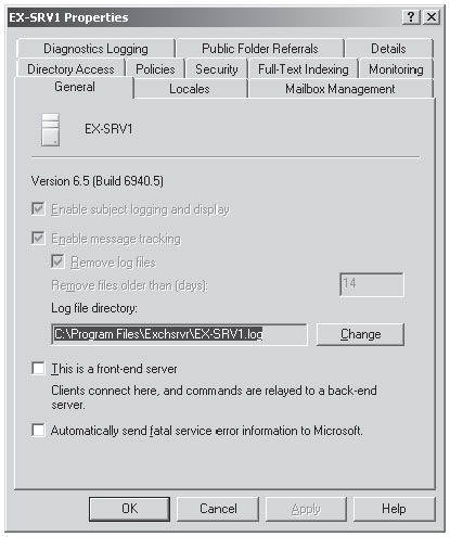 Окно свойств сервера EX-SRV1 с недоступными (затененными) параметрами отслеживания сообщений (Message tracking)