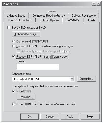 Вкладка Advanced страницы свойств коннектора SMTP