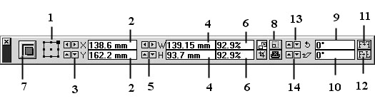 Внешний вид управляющей палитры при работе с изображением: 1- схематическое представление объекта с отмеченной активной точкой; 2 - координаты активной точки объекта; 3 - кнопки модификации координат активной точки; 4 - ширина и высота объекта; 5 - кнопки модификации ширины и высоты объекта; 6 - поля отображения изменения ширины и высоты объекта в процентах к первоначальному размеру; 7 - кнопка модификации; 8 - признак пропорционального изменения размера объекта; 9 - поле поворота; 10 - поле наклона; 11 - кнопка зеркального отображения по горизонтали; 12 - кнопка зеркального отображения объекта по вертикали; 13 - кнопки модификации поворота объекта; 14 - кнопки модификации наклона объекта