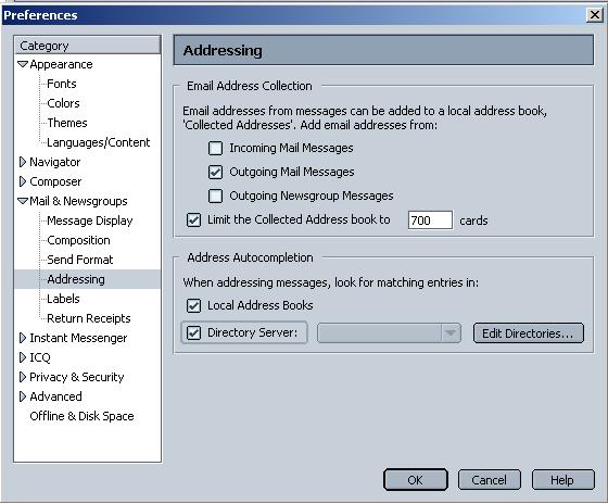 Окно Почтовые серверы программы Netscape Messenger