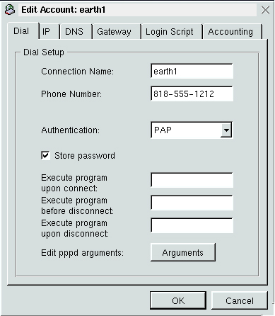Окно для настройки параметров учетной записи пользователя в программе kppp