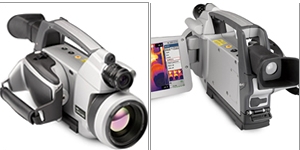 Профессиональная ИК видеокамера FLIR ThermaCAM P640: слева – вид со стороны объектива в закрытом виде; справа – вид с противоположной стороны с раскрытым ЖК дисплеем