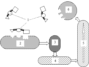 Функциональная схема самозащиты живых клеток: 1 – токсины; 2 – распознаватель; 3 – репрессор; 4 – промотор; 5 – синтезатор; 6 – нейтрализатор