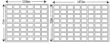 Типичная печатная форма для машины "96 страниц формата А" (слева) имеет 48 страниц, организованных в 6 горизонтальных страниц в 8 рядов. Большего размера печатная машина "128 страниц формата А" (справа) дает 64 страницы, организованные в 8 горизонтальных страниц в 8 рядов. В обоих случаях получаются книги с поперечным направлением волокон