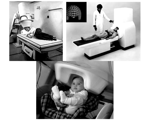 Различные варианты реализации магнитноэнцефалографа на сквидах и схема фиксации активности отдельных участков мозга пациента (на вставке вверху в центре)