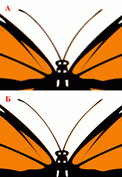 Увеличенный фрагмент растрового (А) и векторного SVG (Б) изображений. У растрового изображения заметна "зазубренная" структура