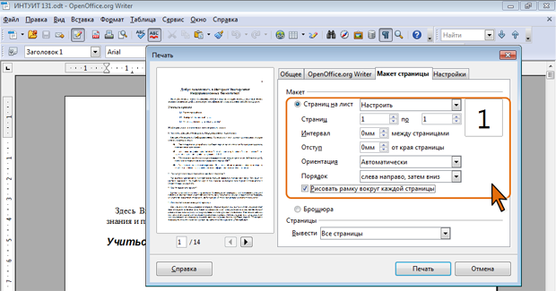 Настройка параметров печати нескольких страниц на листе