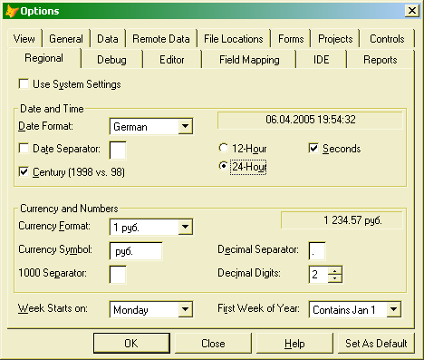 Окно настройки параметров системы Visual FoxPro
