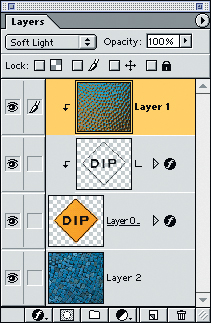 Слой 2 (логотип DIP) служит маской для слоя 3 (текстура змеиной кожи). Текстовые слои не входят в макетную группу, поэтому остаются без изменений