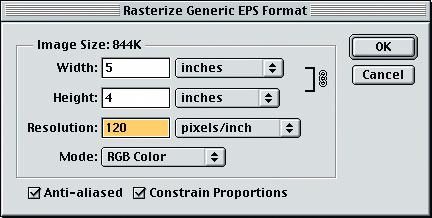При растеризации изображения в Photoshop проследите, чтобы размеры были заданы в физических единицах измерения, а не в пикселах