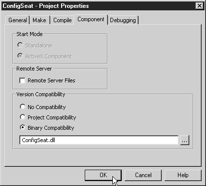 Во вкладке Component (Компонент) окна свойств проекта установлена совместимость с двоичными файлами