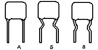 Варианты формовки штыревых выводов:а - выводы без формовки, б - выводы отформованы при изготовлении, в- выводы отформованы потребителем