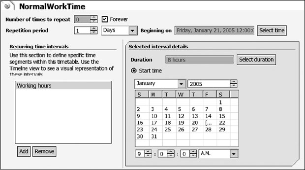 Расписание NormalWorkTime. Содержимое закладки Recurring time intervals (Периоды времени)