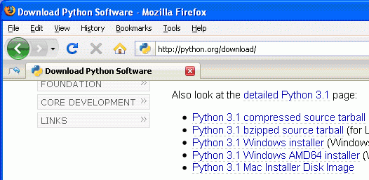 Click the Windows installer link to download Python for Windows from http://www.python.org