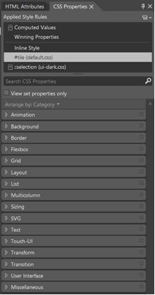 Категории для вашего стиля ID представляют все CSS-свойства, предоставленные в Blend