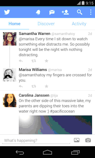 Главный экран приложения Twitter. Можно переключаться между экранами, используя жест горизонтальной прокрутки или с помощью кнопок в верхней части