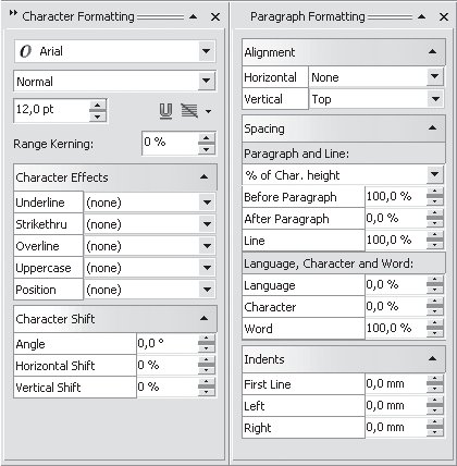 Пристыковываемые окна Character Formatting (Форматирование текста) и Paragraph Formatting (Форматирование абзаца)