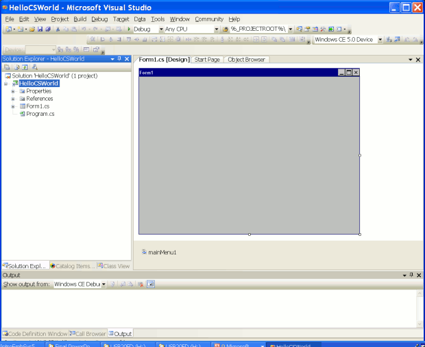 Создается новый проект HelloCSWorld и открывается окно разработки Forms