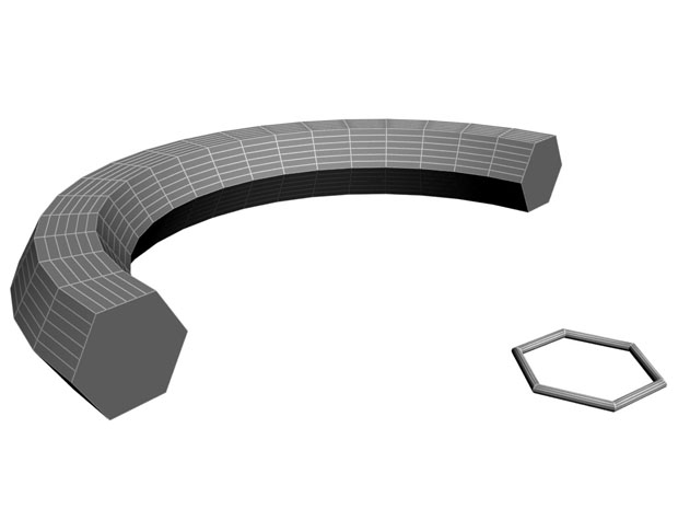 Для получения этого объекта в качестве сечения модели использовался сплайн NGon (Многоугольник), а для определения траектории - сплайн Arc (Дуга)