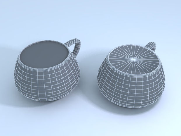 Полигон в верхнем основании чайника (слева) был удален с использованием операции Collapse (Удаление) (справа)