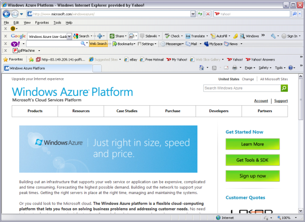  Начальная страница веб-сайта платформы Windows Azure