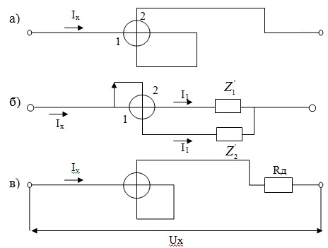  Схемы соединения катушек электродинамических механизмов: а)  амперметр (до 0,5 А), б) амперметр (выше  0,5 А), в) вольтметр
