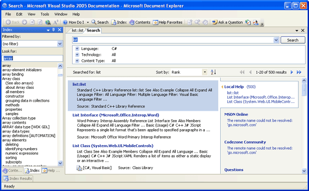 Окно справочной системы Visual Studio 2005