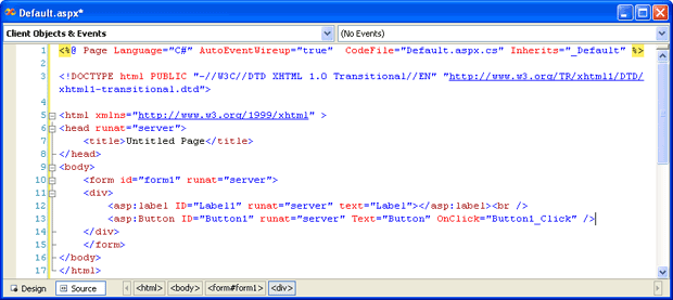 Окно редактора кода страницы после добавления элемента Label